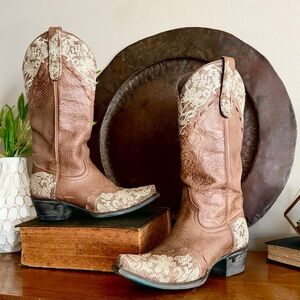 Lane Jeni Lace Western Leather Rodeo Cowgirl Cowboy Distressed Ranch Boots 7